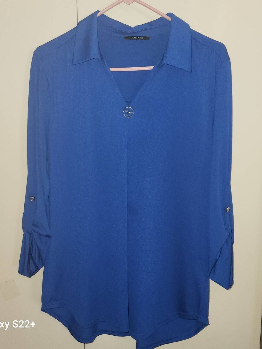 T29 Valolia Royal Blue Collared Womens v neck Blouse with roll tab sleeves
